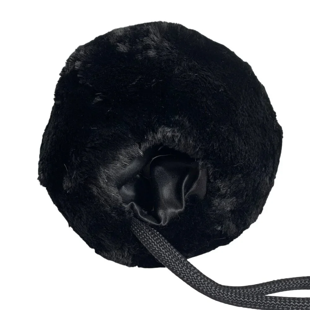 Black Faux Fur Hand Warmer Muff Satin Lining Wrist Strap For Winter Zip Pocket